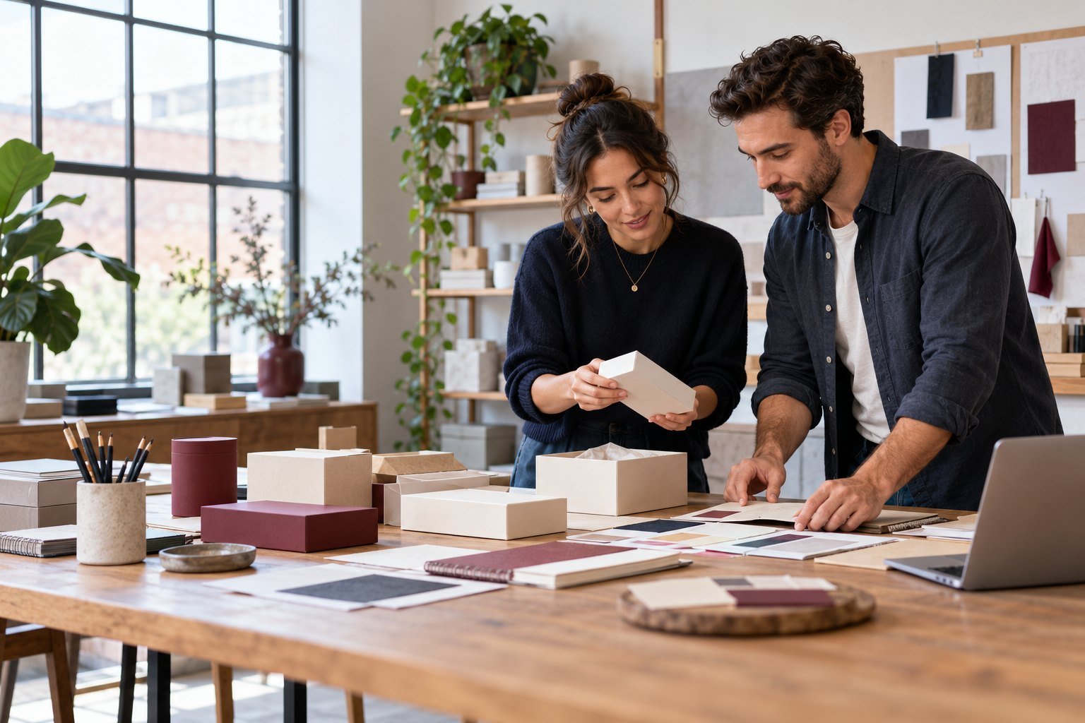 Business founders reviewing product packaging and brand materials
